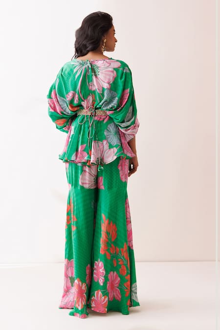 Kisakshi Jaipur Green Crepe Beads, Sequins, Pearls V-neck Floral Embellished Tunic And Sharara Set Online at Aza Fashions Kisakshi Jaipur_Green Crepe Beads, Sequins, Pearls V-neck Floral Embellished Tunic And Sharara Set _Online_at_Aza_Fashions