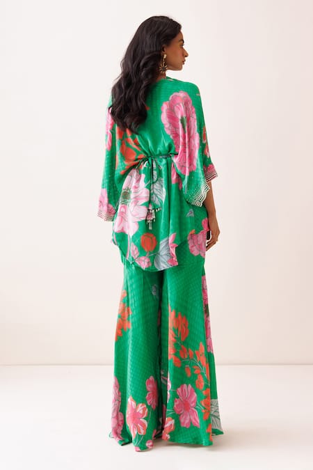 Shop Kisakshi Jaipur Green Crepe Pearls, Sequins V-neck Floral Patterned Tunic And Sharara Set at Aza Fashions Shop_Kisakshi Jaipur_Green Crepe Pearls, Sequins V-neck Floral Patterned Tunic And Sharara Set _at_Aza_Fashions