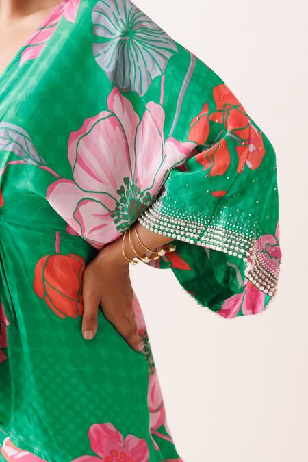 Buy Kisakshi Jaipur Green Crepe Pearls, Sequins V-neck Floral Patterned Tunic And Sharara Set Online at Aza Fashions Buy_Kisakshi Jaipur_Green Crepe Pearls, Sequins V-neck Floral Patterned Tunic And Sharara Set _Online_at_Aza_Fashions