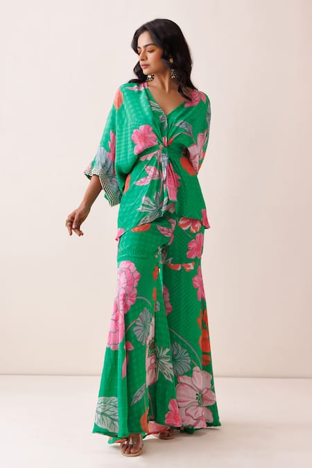 Shop Kisakshi Jaipur Green Crepe Pearls, Sequins V-neck Floral Patterned Tunic And Sharara Set Online at Aza Fashions Shop_Kisakshi Jaipur_Green Crepe Pearls, Sequins V-neck Floral Patterned Tunic And Sharara Set _Online_at_Aza_Fashions