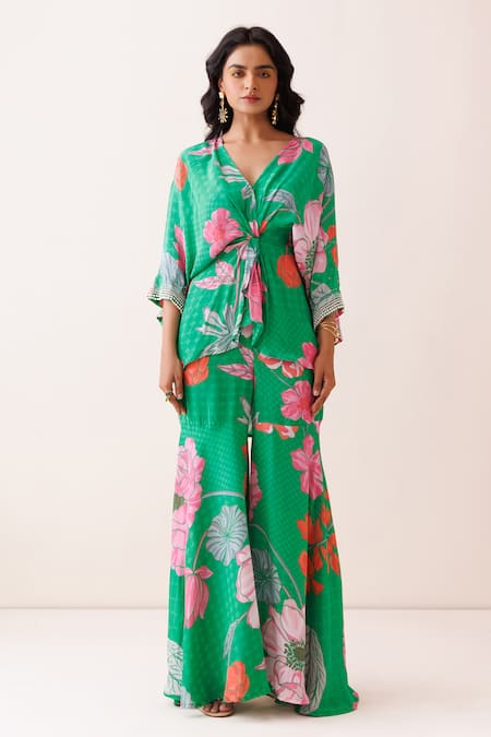 Kisakshi Jaipur Green Crepe Pearls, Sequins V-neck Floral Patterned Tunic And Sharara Set at Aza Fashions Kisakshi Jaipur_Green Crepe Pearls, Sequins V-neck Floral Patterned Tunic And Sharara Set _at_Aza_Fashions