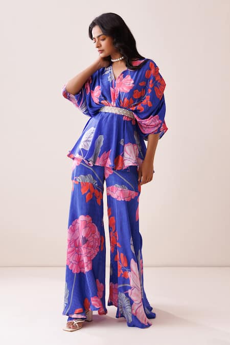 Kisakshi Jaipur_Blue Crepe Beads, Sequins, Pearls V-neck Floral Tunic And Sharara Set _Online_at_Aza_Fashions