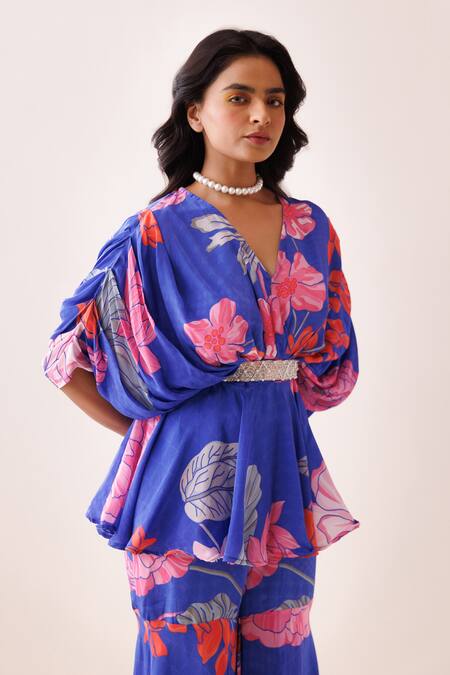 Buy_Kisakshi Jaipur_Blue Crepe Beads, Sequins, Pearls V-neck Floral Tunic And Sharara Set _Online_at_Aza_Fashions