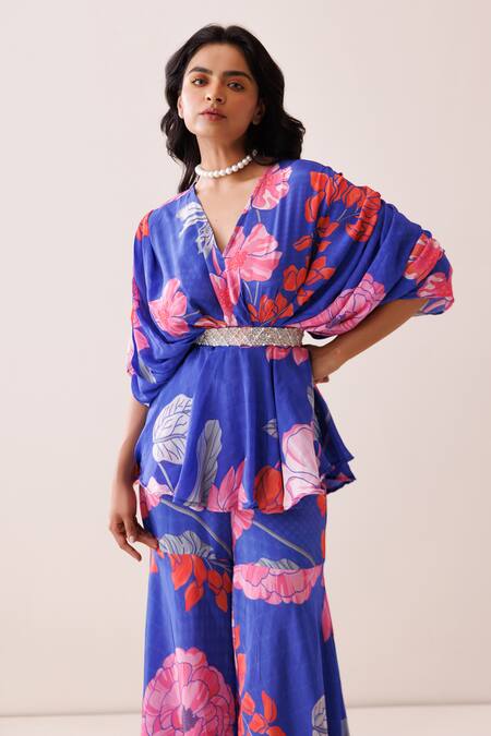 Shop_Kisakshi Jaipur_Blue Crepe Beads, Sequins, Pearls V-neck Floral Tunic And Sharara Set _Online_at_Aza_Fashions