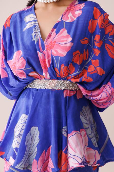 Kisakshi Jaipur_Blue Crepe Beads, Sequins, Pearls V-neck Floral Tunic And Sharara Set _at_Aza_Fashions