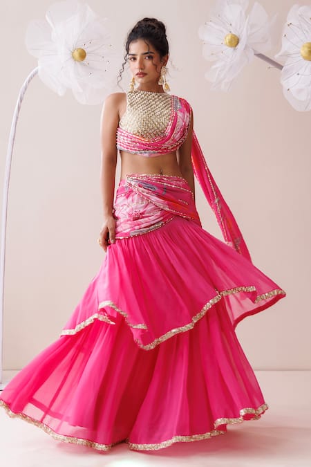 Kisakshi Jaipur_Gold Crepe, Organza Pearls, Sequins, Cut Layered Lehenga With Embellished Blouse _Online_at_Aza_Fashions