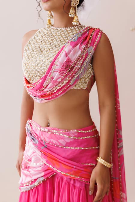 Shop_Kisakshi Jaipur_Gold Crepe, Organza Pearls, Sequins, Cut Layered Lehenga With Embellished Blouse _Online_at_Aza_Fashions