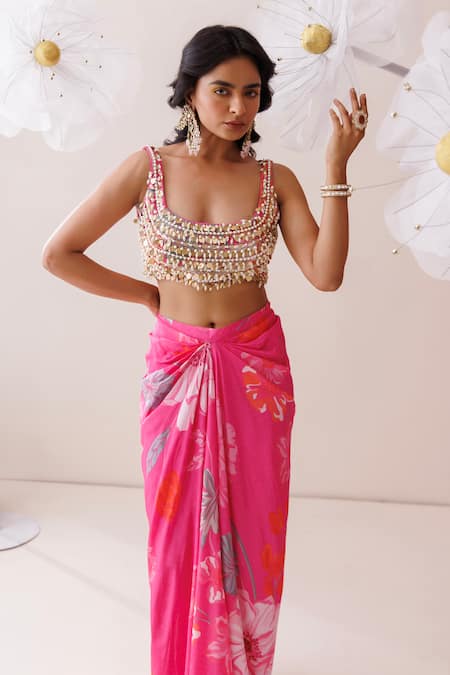 Buy_Kisakshi Jaipur_Pink Crepe Pearls, Sequins, Beads, Embellished Blouse And Floral Draped Skirt _Online_at_Aza_Fashions