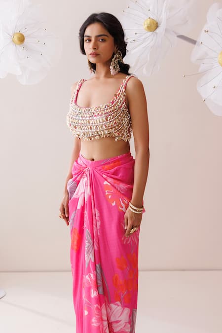 Shop_Kisakshi Jaipur_Pink Crepe Pearls, Sequins, Beads, Embellished Blouse And Floral Draped Skirt _Online_at_Aza_Fashions