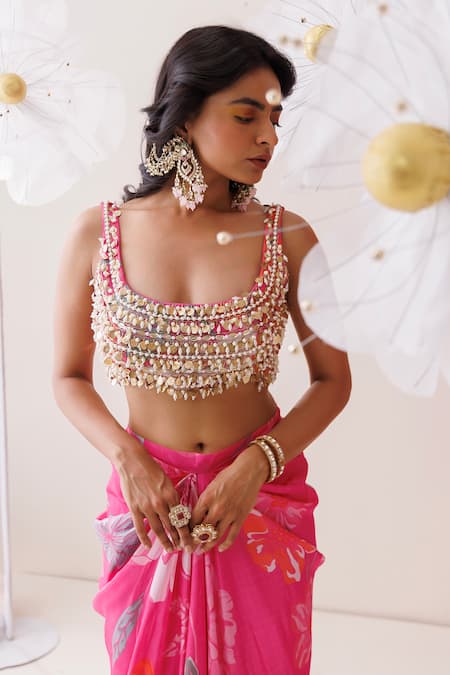 Kisakshi Jaipur_Pink Crepe Pearls, Sequins, Beads, Embellished Blouse And Floral Draped Skirt _at_Aza_Fashions