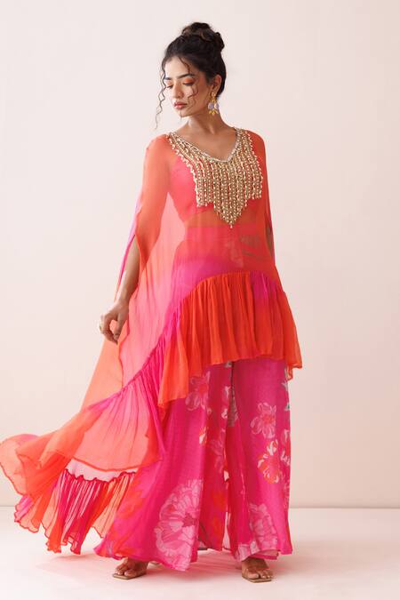 Kisakshi Jaipur_Pink Crepe, Chiffon Pearls, Sequins, Embellished High-low Cape Sharara Set _Online_at_Aza_Fashions
