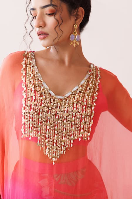 Buy_Kisakshi Jaipur_Pink Crepe, Chiffon Pearls, Sequins, Embellished High-low Cape Sharara Set _Online_at_Aza_Fashions