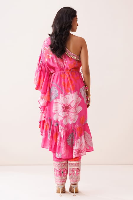 Kisakshi Jaipur Floral Frilled One Shoulder Kurta Set 