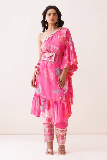 Kisakshi Jaipur_Pink Crepe Pearls, Sequins, Embroidery One Shoulder Floral Frilled Kurta Set _Online_at_Aza_Fashions