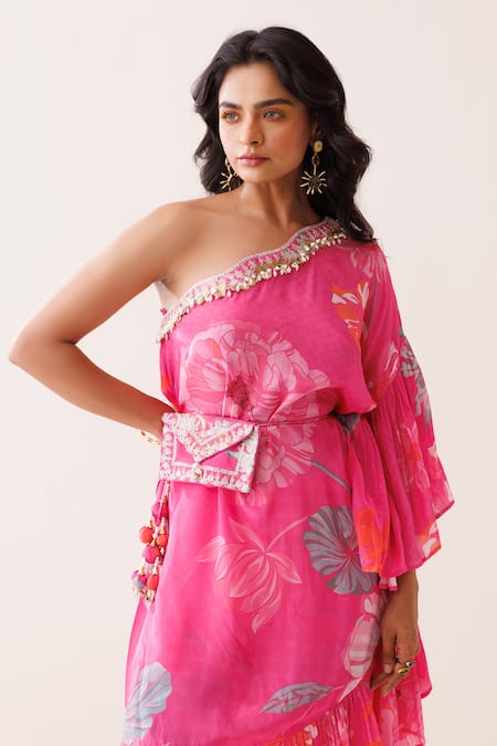 Buy_Kisakshi Jaipur_Pink Crepe Pearls, Sequins, Embroidery One Shoulder Floral Frilled Kurta Set _Online_at_Aza_Fashions