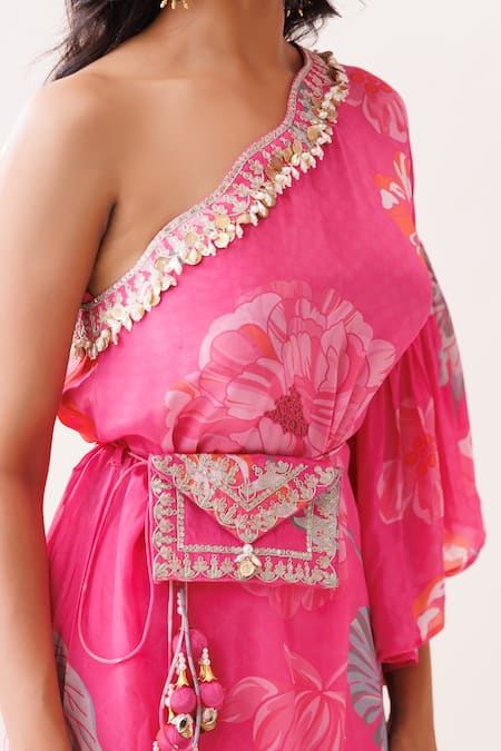 Shop_Kisakshi Jaipur_Pink Crepe Pearls, Sequins, Embroidery One Shoulder Floral Frilled Kurta Set _Online_at_Aza_Fashions