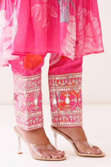 Kisakshi Jaipur_Pink Crepe Pearls, Sequins, Embroidery One Shoulder Floral Frilled Kurta Set _at_Aza_Fashions