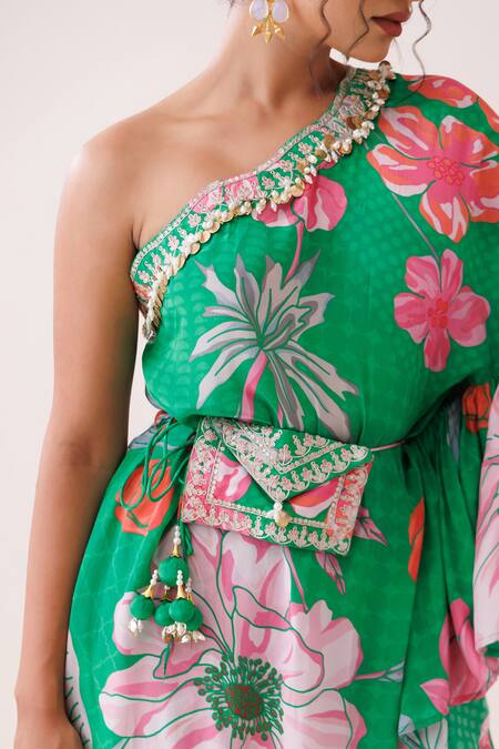 Shop_Kisakshi Jaipur_Green Crepe Pearls, Beads, Sequins, Embroidery One Floral Embellished Kurta Set _Online_at_Aza_Fashions