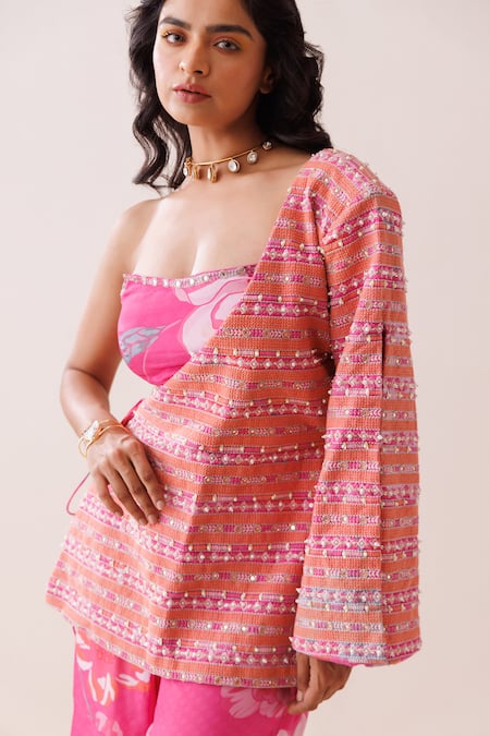 Buy_Kisakshi Jaipur_Pink Crepe Pearls, Sequins, Mirrors Geometric Embroidered Jacket Set _Online_at_Aza_Fashions