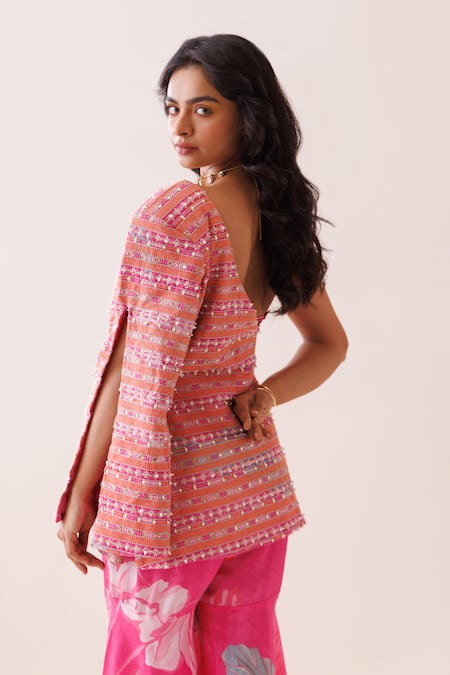 Shop_Kisakshi Jaipur_Pink Crepe Pearls, Sequins, Mirrors Geometric Embroidered Jacket Set _Online_at_Aza_Fashions