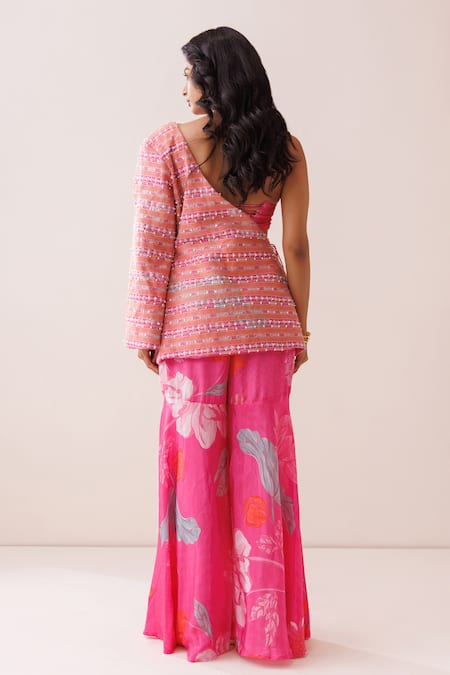 Kisakshi Jaipur Geometric Embroidered One Shoulder Jacket Set 