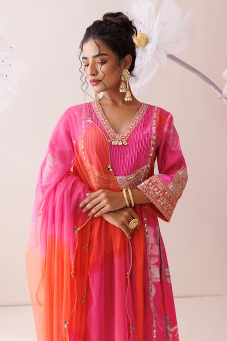 Shop_Kisakshi Jaipur_Pink Crepe, Chiffon Pearls, Sequins, Floral Embellished Kurta Pant Set _Online_at_Aza_Fashions