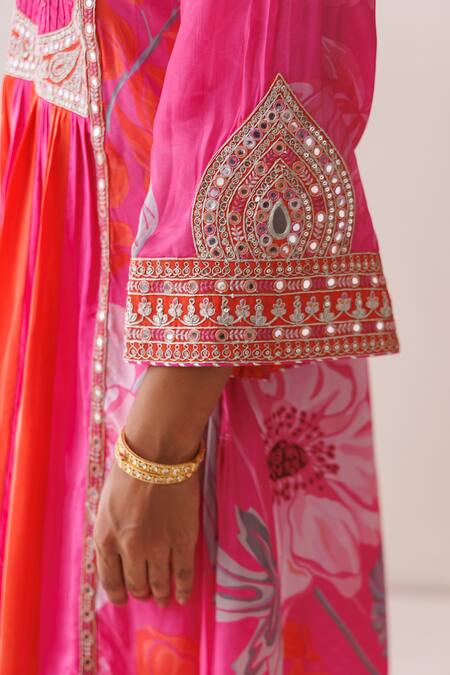 Kisakshi Jaipur_Pink Crepe, Chiffon Pearls, Sequins, Floral Embellished Kurta Pant Set _at_Aza_Fashions