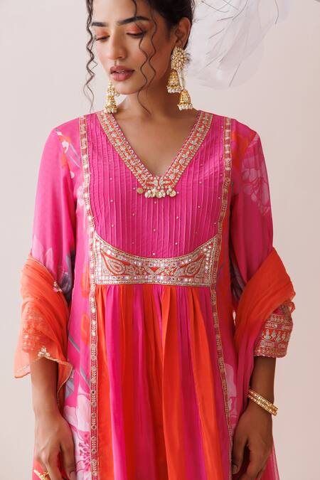 Shop_Kisakshi Jaipur_Pink Crepe, Chiffon Pearls, Sequins, Floral Embellished Kurta Pant Set 