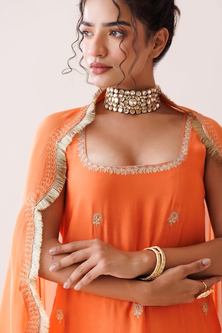 Kisakshi Jaipur_Orange Chanderi, Organza Embroidery, Diamonds, Sequins Kurta Set With Tulip Pant _Online_at_Aza_Fashions