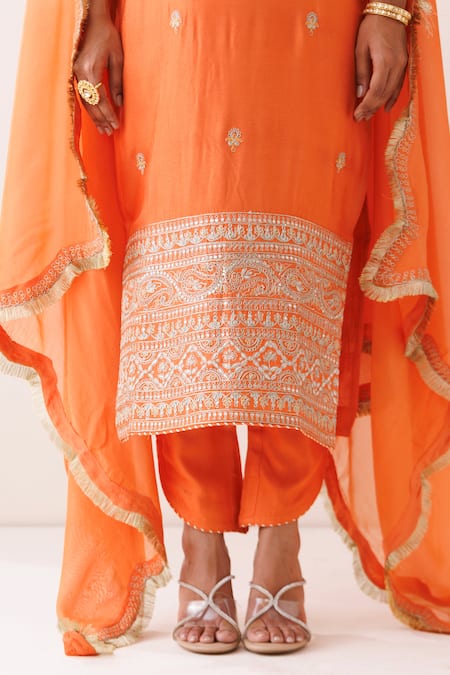 Buy_Kisakshi Jaipur_Orange Chanderi, Organza Embroidery, Diamonds, Sequins Kurta Set With Tulip Pant _Online_at_Aza_Fashions