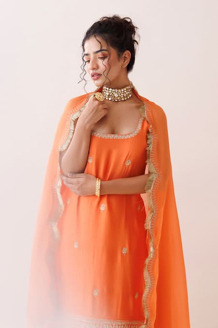 Shop_Kisakshi Jaipur_Orange Chanderi, Organza Embroidery, Diamonds, Sequins Kurta Set With Tulip Pant _Online_at_Aza_Fashions
