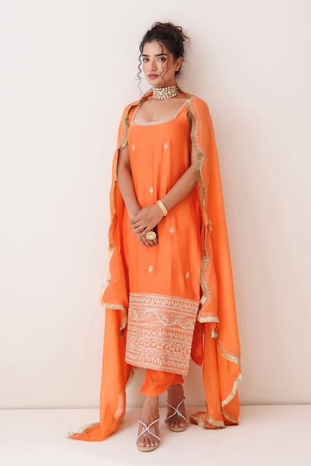 Kisakshi Jaipur_Orange Chanderi, Organza Embroidery, Diamonds, Sequins Kurta Set With Tulip Pant _at_Aza_Fashions