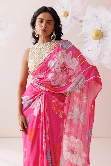 Buy_Kisakshi Jaipur_Cream Crepe Pearls, Sequins, Cut Work Floral Embellished Pre-draped Saree Set _Online_at_Aza_Fashions