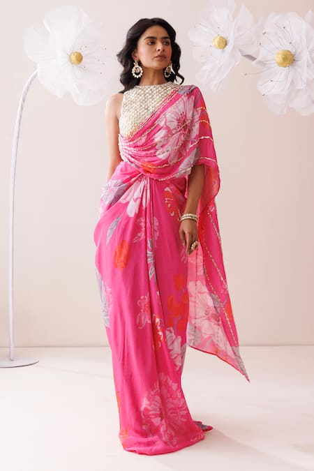 Shop_Kisakshi Jaipur_Cream Crepe Pearls, Sequins, Cut Work Floral Embellished Pre-draped Saree Set _Online_at_Aza_Fashions