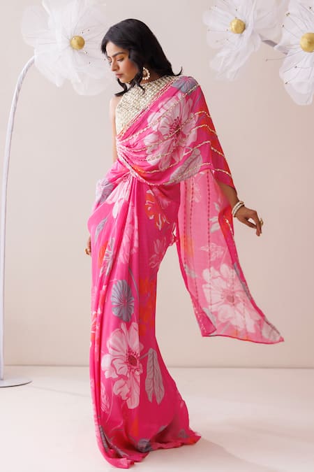 Kisakshi Jaipur_Cream Crepe Pearls, Sequins, Cut Work Floral Embellished Pre-draped Saree Set _at_Aza_Fashions