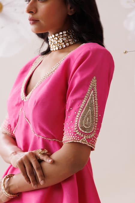 Buy_Kisakshi Jaipur_Pink Chanderi, Crepe Gota Patti, Zari, Pearls, Floral Lehenga And Peplum Blouse _Online_at_Aza_Fashions