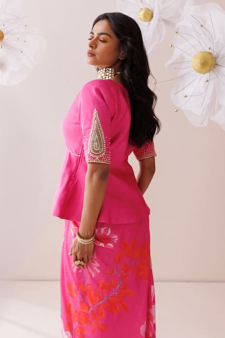 Shop_Kisakshi Jaipur_Pink Chanderi, Crepe Gota Patti, Zari, Pearls, Floral Lehenga And Peplum Blouse _Online_at_Aza_Fashions