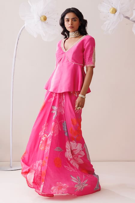 Kisakshi Jaipur_Pink Chanderi, Crepe Gota Patti, Zari, Pearls, Floral Lehenga And Peplum Blouse _at_Aza_Fashions