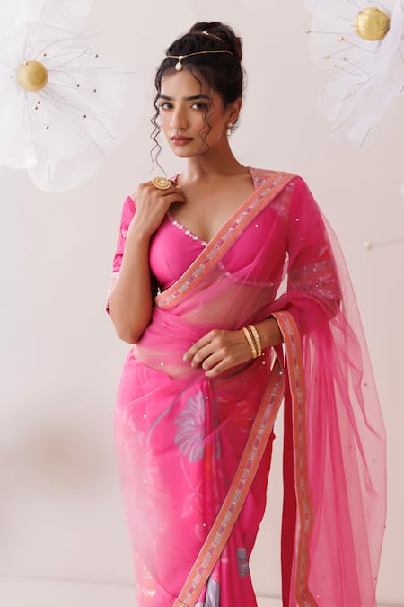 Buy_Kisakshi Jaipur_Pink Crepe, Chanderi, Net Cut Work, Embroidered Floral Saree With Blouse _Online_at_Aza_Fashions