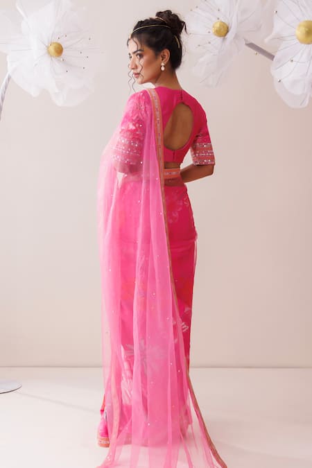 Kisakshi Jaipur Embroidered Floral Pink Saree With Blouse 