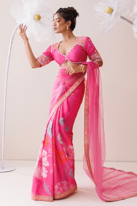 Shop_Kisakshi Jaipur_Pink Crepe, Chanderi, Net Cut Work, Embroidered Floral Saree With Blouse _Online_at_Aza_Fashions