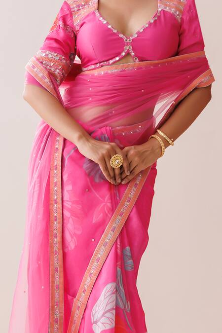 Kisakshi Jaipur_Pink Crepe, Chanderi, Net Cut Work, Embroidered Floral Saree With Blouse _at_Aza_Fashions