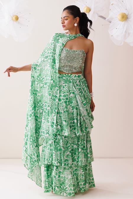 Kisakshi Jaipur_Green Crepe Pearls, Mirrors, Cut Fern Floral Pre-draped Ruffle Saree And Bustier _Online_at_Aza_Fashions