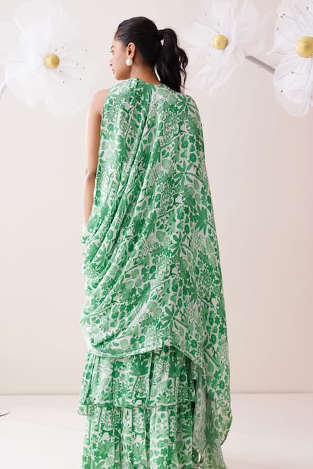 Kisakshi Jaipur Fern Floral Pre-Draped Ruffle Saree & Bustier 