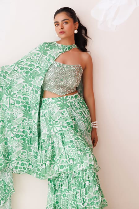 Buy_Kisakshi Jaipur_Green Crepe Pearls, Mirrors, Cut Fern Floral Pre-draped Ruffle Saree And Bustier _Online_at_Aza_Fashions