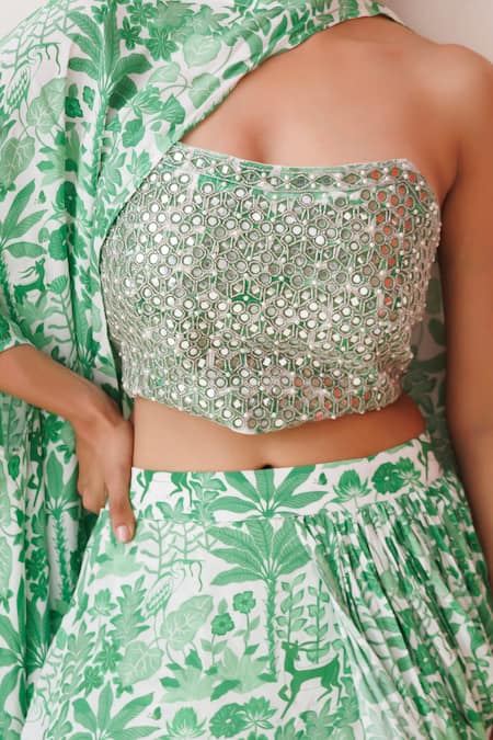 Shop_Kisakshi Jaipur_Green Crepe Pearls, Mirrors, Cut Fern Floral Pre-draped Ruffle Saree And Bustier _Online_at_Aza_Fashions
