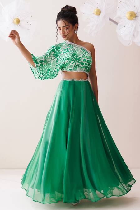 Kisakshi Jaipur_Green Chanderi, Organza Pearls, Sequins One Shoulder Floral Cut-out Dress _Online_at_Aza_Fashions