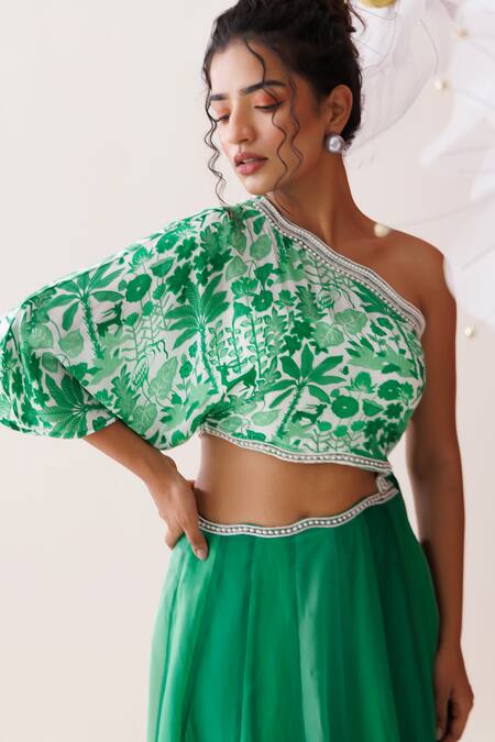 Buy_Kisakshi Jaipur_Green Chanderi, Organza Pearls, Sequins One Shoulder Floral Cut-out Dress _Online_at_Aza_Fashions