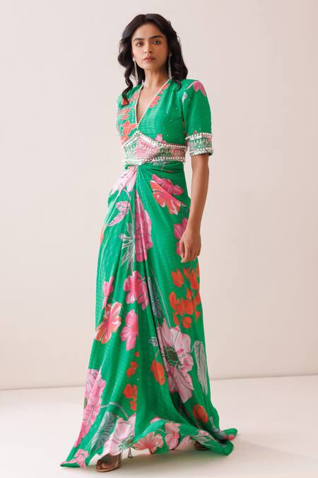 Buy_Kisakshi Jaipur_Green Chanderi, Organza Pearls, Sequins V-neck Floral Embellished Draped Dress _Online_at_Aza_Fashions