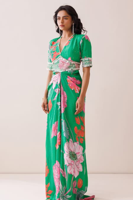 Shop_Kisakshi Jaipur_Green Chanderi, Organza Pearls, Sequins V-neck Floral Embellished Draped Dress _Online_at_Aza_Fashions